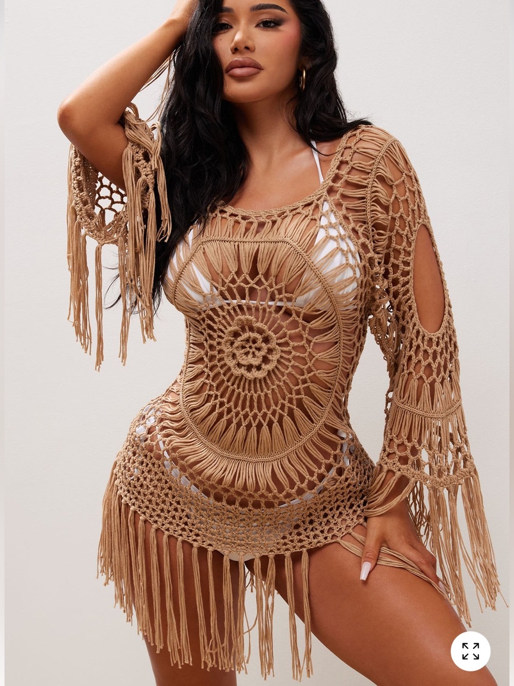 Fashion Nova Tan Crochet Fringe Swim Cover-Up Tunic